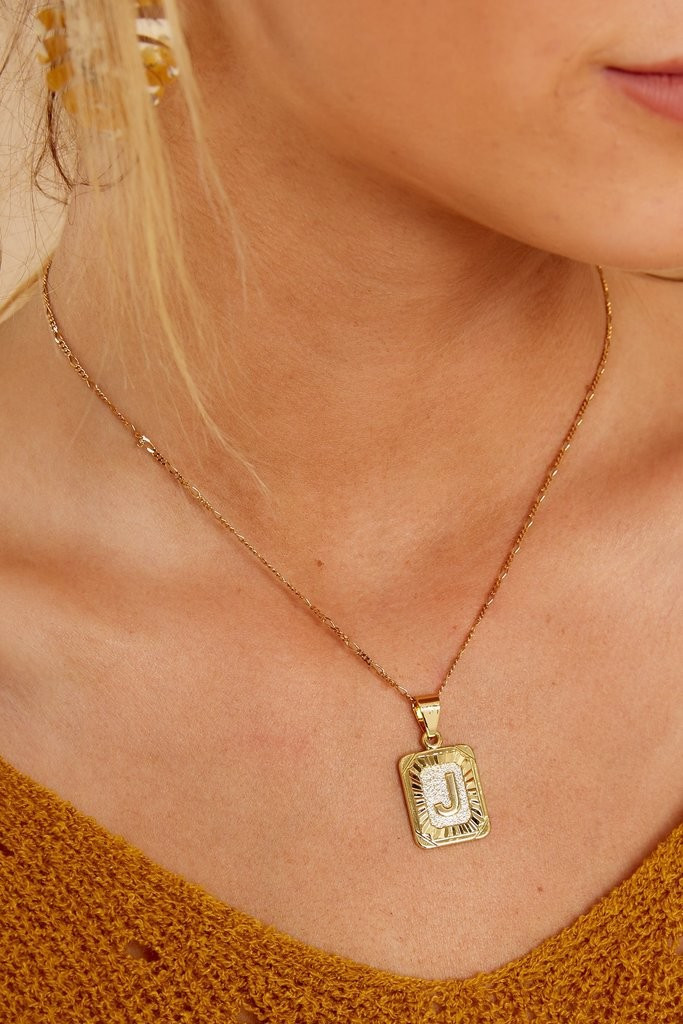 Initial Card J Gold Necklace | Red Dress 