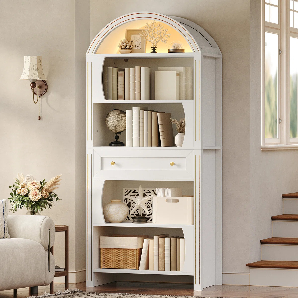 70.3" Tall Arched Bookcase, 6-tier Book Shelf With Led Lights, Farmhouse Arched Bookshef With Ope... | Wayfair North America