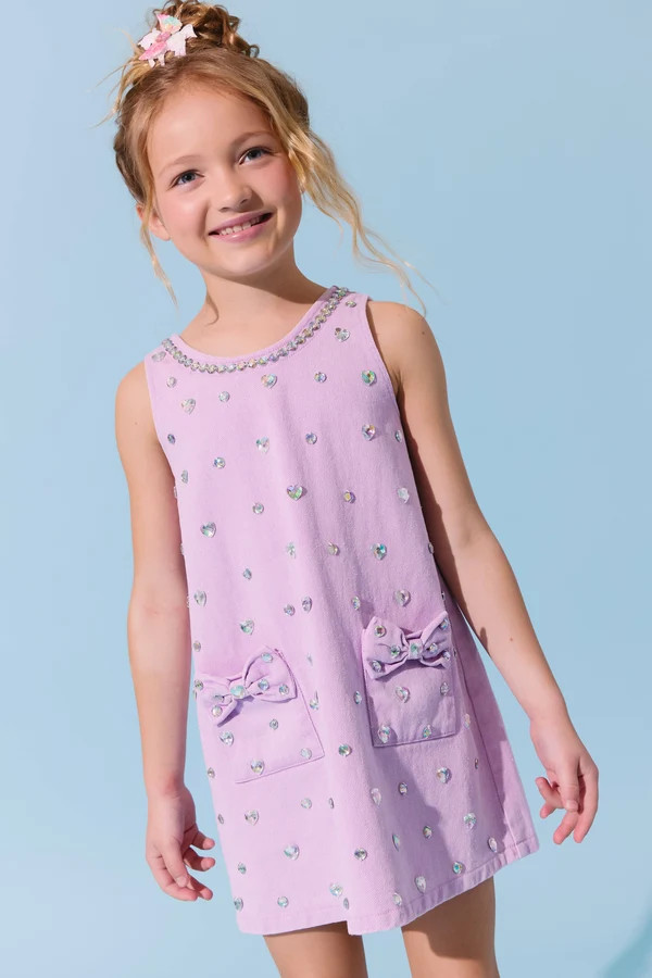 Lavender Crystal Heart Denim Bow Dress | Lola + The Boys