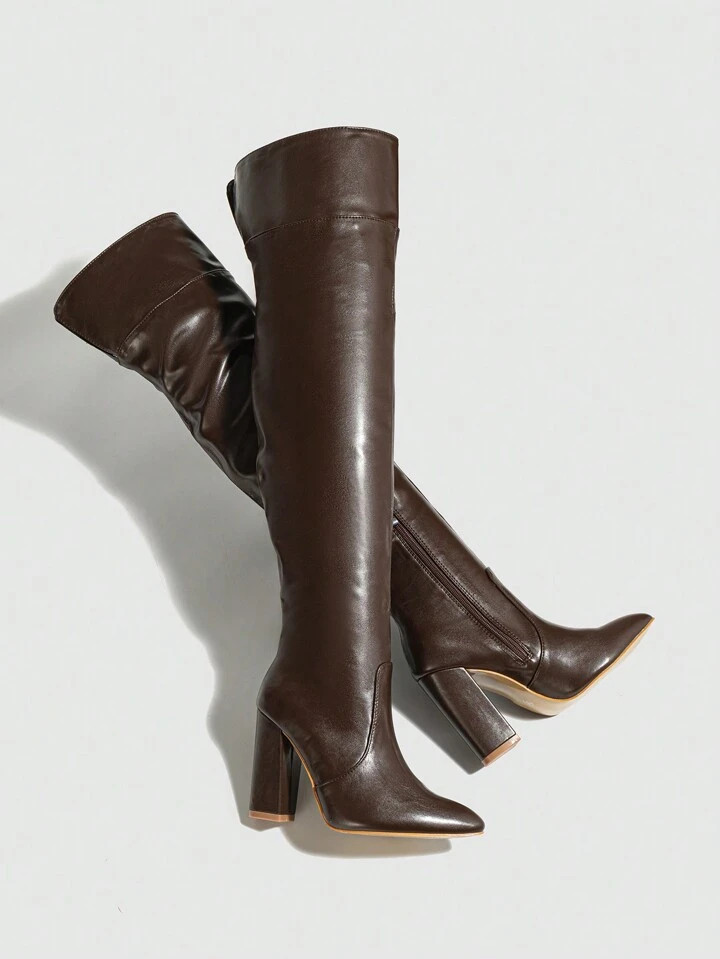 Knee-high Chunky Heel Pointed Toe Side Zipper Winter Warm Boots | SHEIN