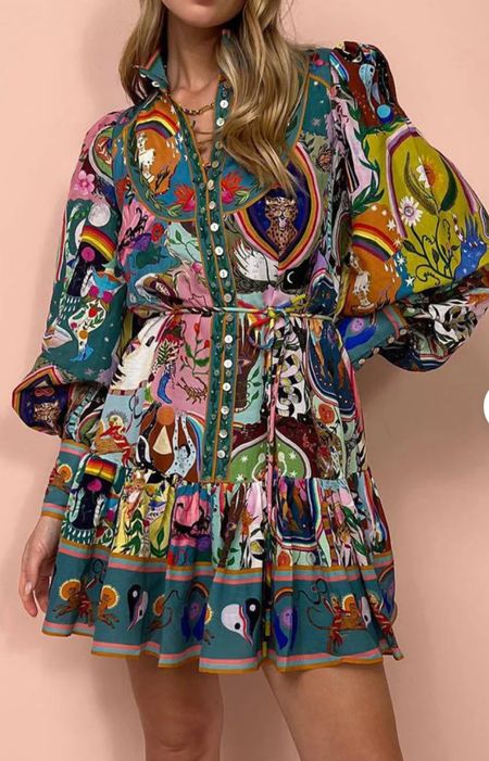 Women's Long Puff Sleeve Turtleneck Printed Button Bodycon Sexy Nightclub Party Blouse Dress

#LTKfindsunder50