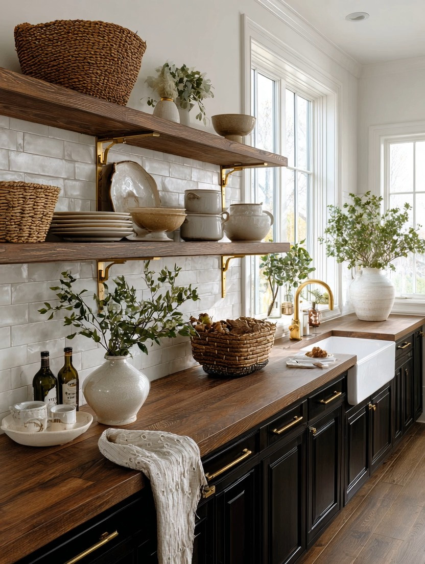 Floating shelves are beautiful on their own, but in a kitchen, they require a little more intention.

The first secret is thickness.

Kitchen shelves carry visual weight. Plates, bowls, serving pieces, baskets, cookbooks, olive oil bottles, and everyday essentials all sit on them. Thin shelves can feel unfinished, while extra-thick wooden shelves create the balance and presence that makes the entire kitchen feel grounded.

The second secret is in the details.

These elegant gold brackets may seem small, but they're the designer touch that elevates the entire look. Even when the shelves are styled simply, the gold adds warmth, sophistication, and timeless character.

Then complete the story with a gold faucet.

Together, the wood, gold accents, and natural textures create a kitchen that feels welcoming, functional, and effortlessly beautiful.

Floating shelves don't just add storage.

They give you a place to display the pieces you love most and turn everyday essentials into part of the decor.

#FloatingShelves #KitchenDecor #KitchenDesignIdeas #ElegantAndDriven 

 #LTKHome