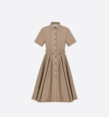 Mid-Length Belted Pleated Dress Beige Technical Cotton Gabardine | DIOR | Dior Couture