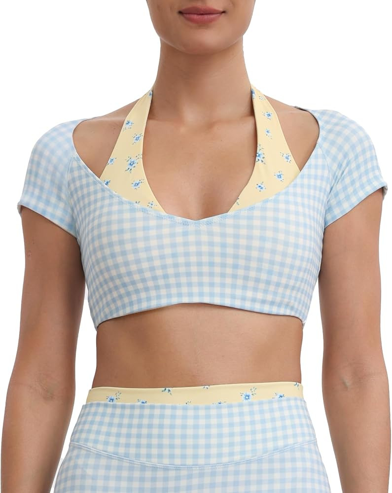 Aoxjox Dual Core Halter Short Sleeve Crop Top | Amazon (US)