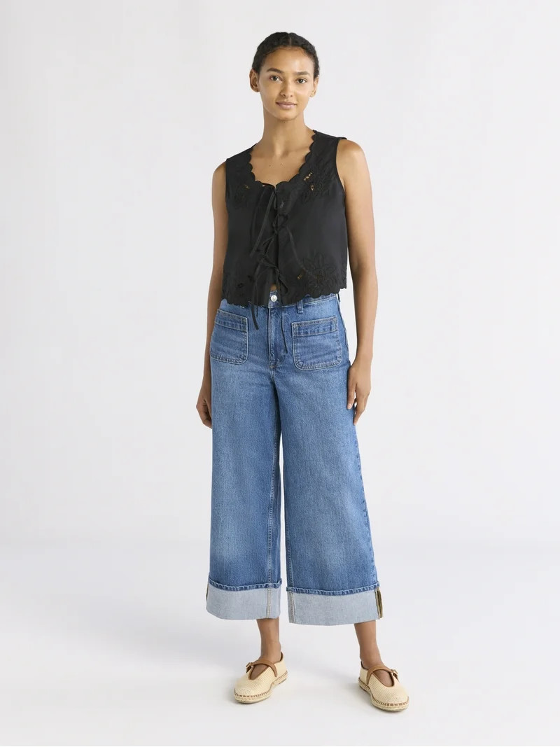 Free Assembly Women's and Women's Plus Cropped Tie Front Embroidered Cotton Top, Sizes XS-4X - Wa... | Walmart (US)