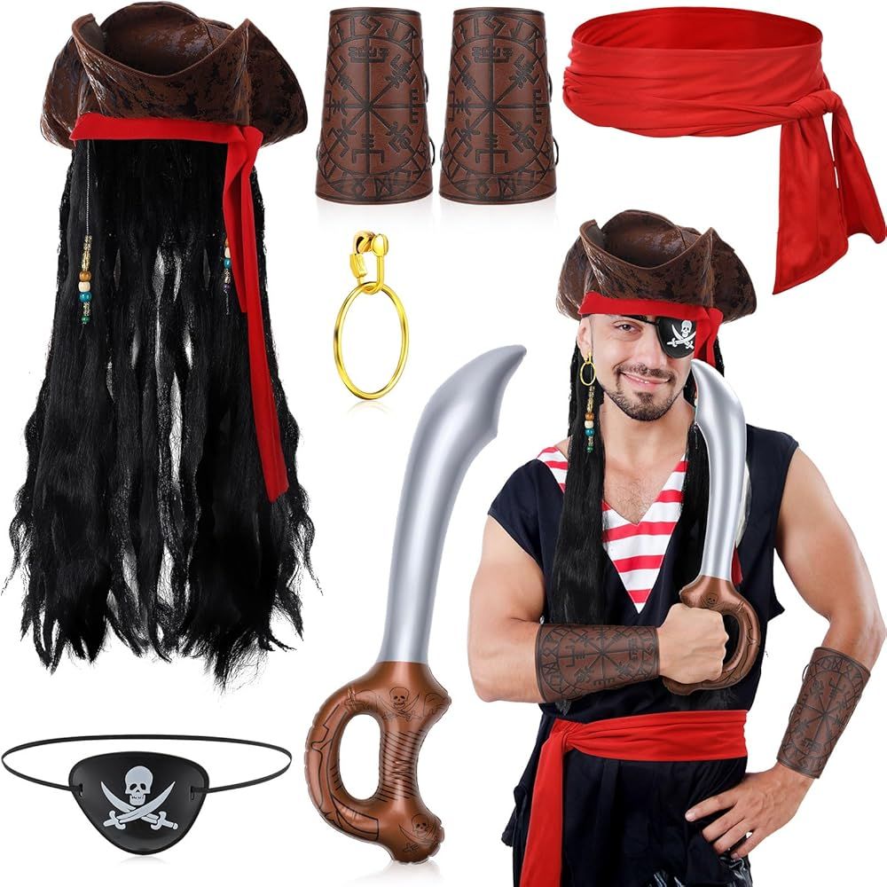 8 Pcs Halloween Pirate Costume Captain Pirate Tricorn Hat with Dreadlocks Eye Patch Sash Necklace... | Amazon (US)