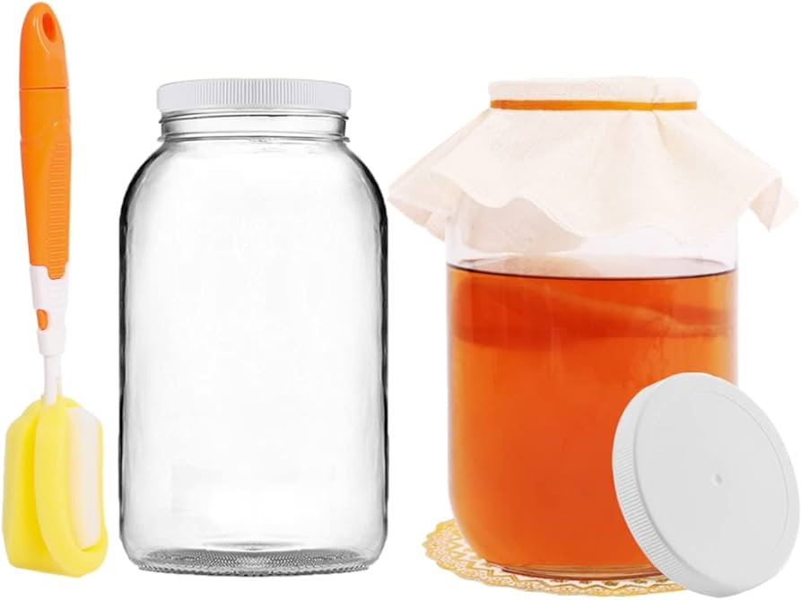 Artcome 1-Gallon Glass Jar Wide Mouth with 2 Airtight Plastic Lids, 4 Muslin Cloths, 2 Rubber Ban... | Amazon (US)