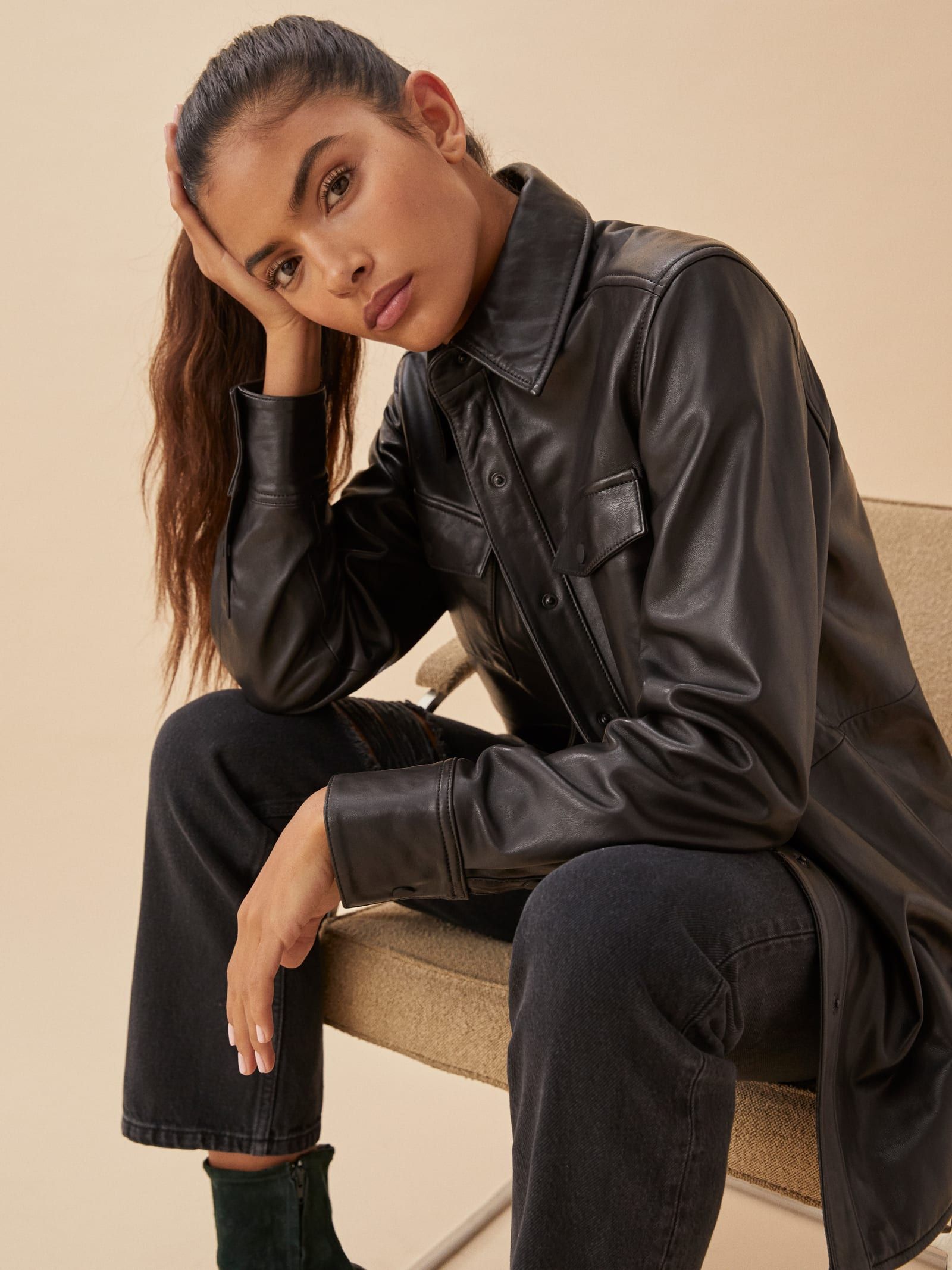 Veda Leather Shirt Jacket | Reformation (US & AU)