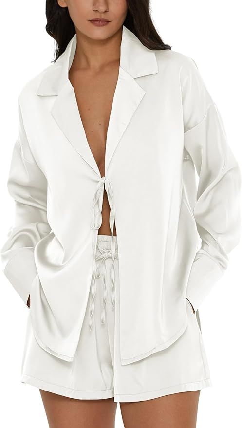 DEEP SELF Women's Silk Pajama Sets Tie Front Long Sleeve Shirts and Shorts Satin Pj Set Soft Two ... | Amazon (US)