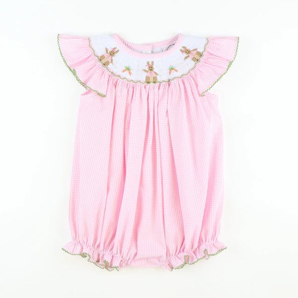 Smocked Classic Storybook Rabbit Girl Bubble - Pink Mini Check Seersucker | Southern Smocked Co.
