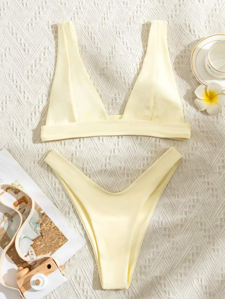 Solid High Cut Bikini Swimsuit | SHEIN