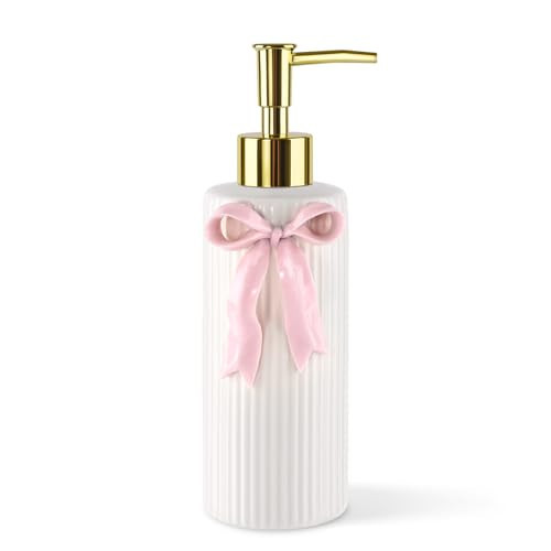 NEWHENGS Handmade Ceramic Bow Soap Pump Dispenser Hand Lotion Liquid Dispenser Refillable for Kitchen and Bathroom Decorative (Ribbon Pink) | Amazon (US)