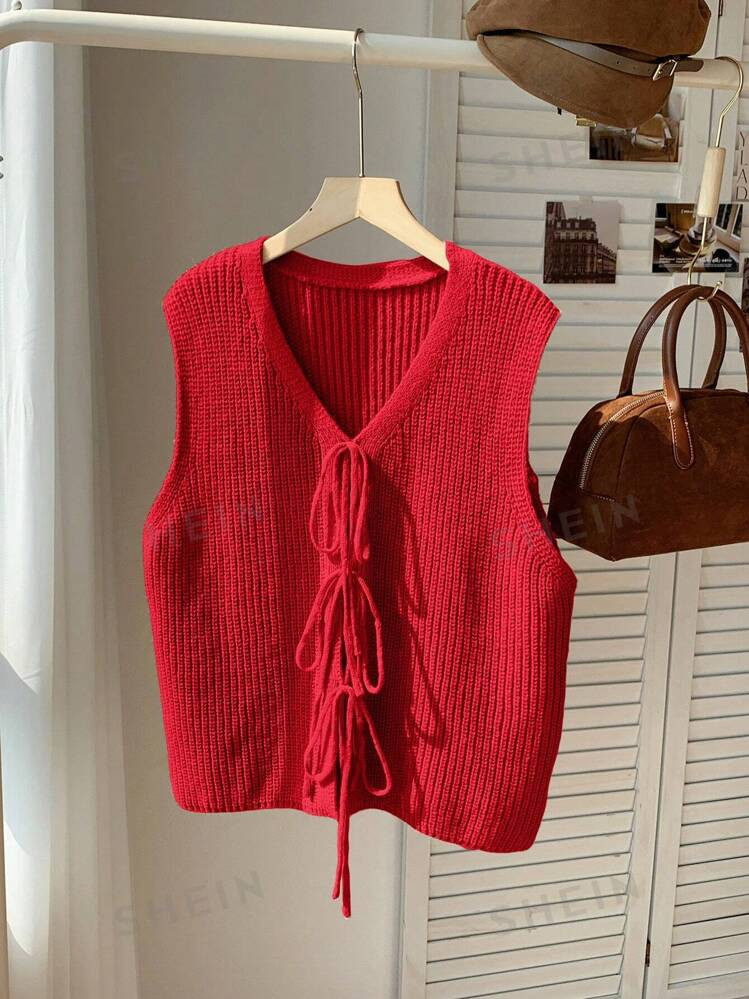 SHEIN Comfortcana Plus Size Women Casual Solid Color V-Neck Tie Front Sleeveless Cardigan Vest | SHEIN