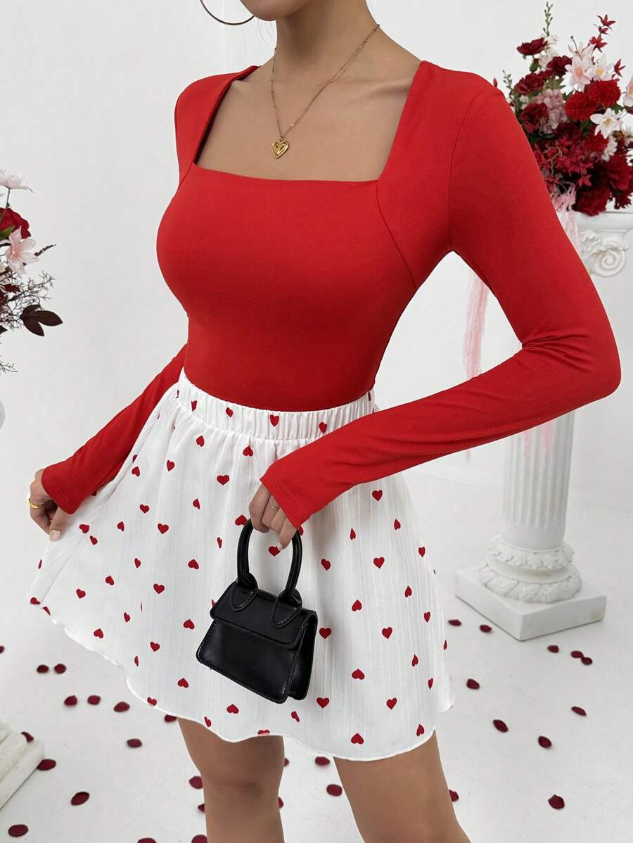 SHEIN Raffinéa Valentine's Day Red Slim Fit Elastic Waist Knitted Base Tee | SHEIN