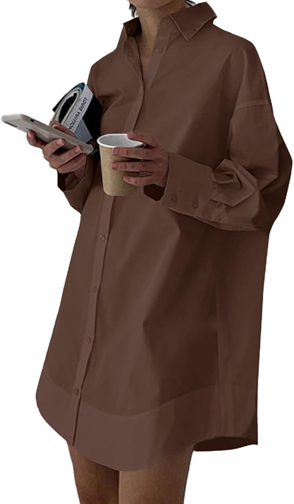 LYANER Women's Casual Shirt Dress Collar V Neck Button Down Loose Long Sleeve Mini Dresses | Amazon (US)