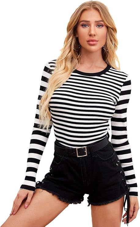 SweatyRocks Women's Casual Striped Tee Shirt Long Sleeve Round Neck Top | Amazon (US)