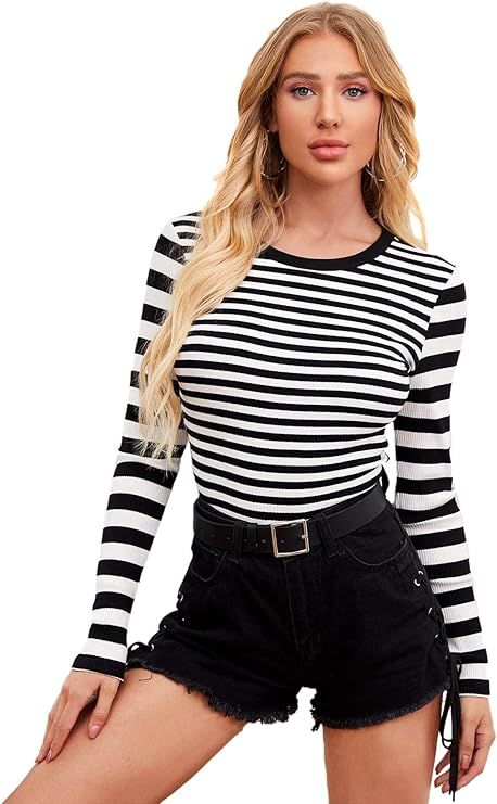 SweatyRocks Women's Casual Striped Tee Shirt Long Sleeve Round Neck Top | Amazon (US)