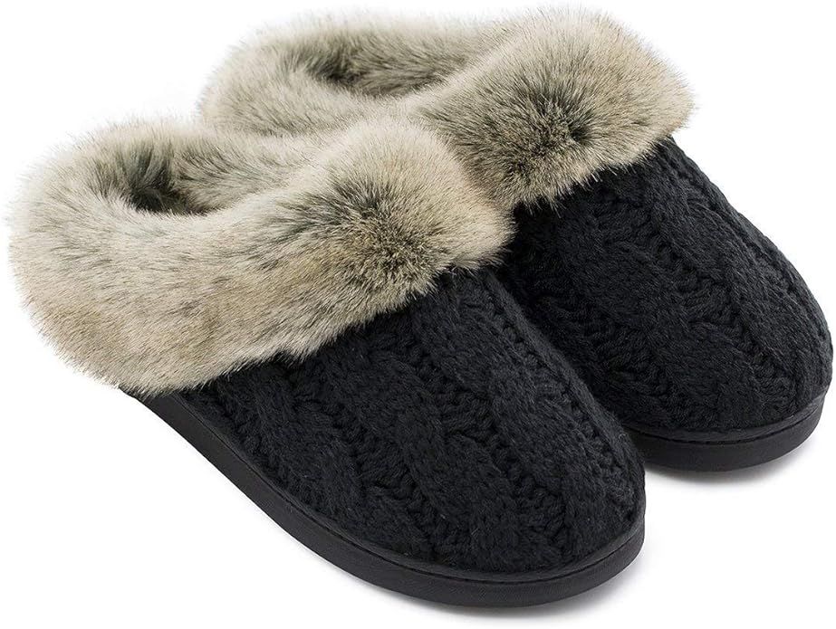 Women's Soft Yarn Cable Knitted Slippers Memory Foam Anti-Skid Sole House Shoes w/Faux Fur Collar... | Amazon (US)