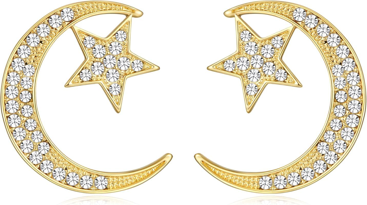 WOWORAMA Gold Moon Star Stud Earrings for Women 14K Gold Crescent Moon Earrings Big Moon Statement E | Amazon (US)