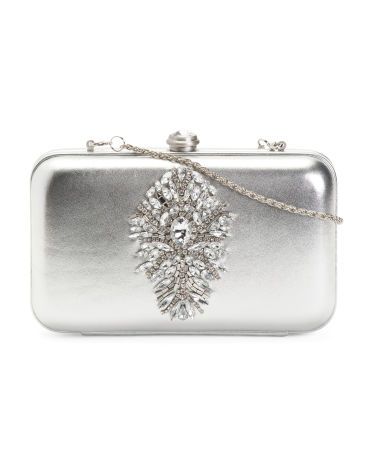 Leather Metallic Clutch With Jeweled Front | TJ Maxx