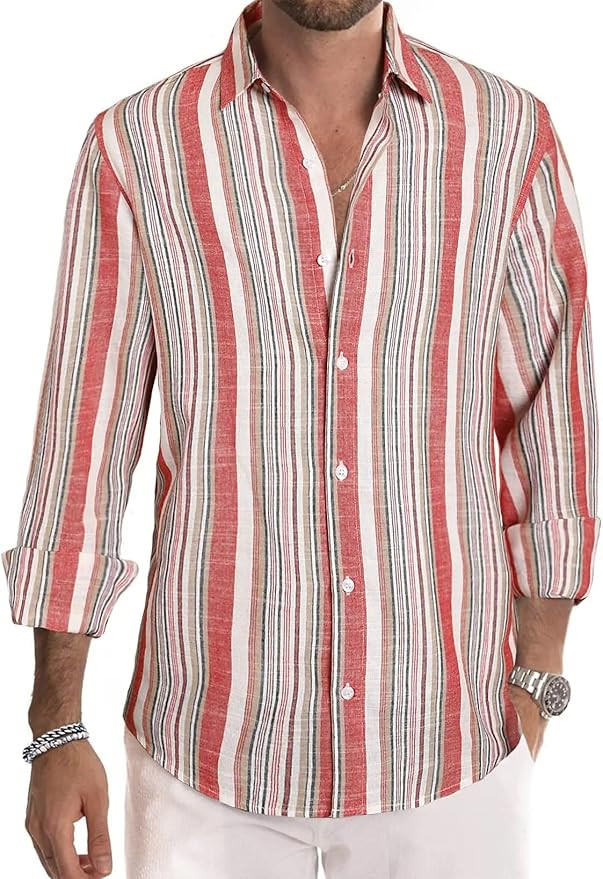 Meilicloth Men's Striped Long-Sleeved Linen Texture Cotton Casual Shirt Summer Autumn Casual West... | Amazon (DE)