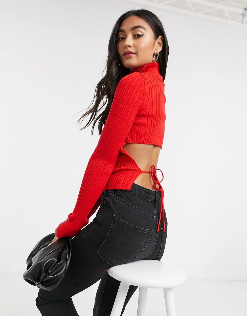 ASOS DESIGN high neck ribbed open tie back jumper in red | ASOS (Global)