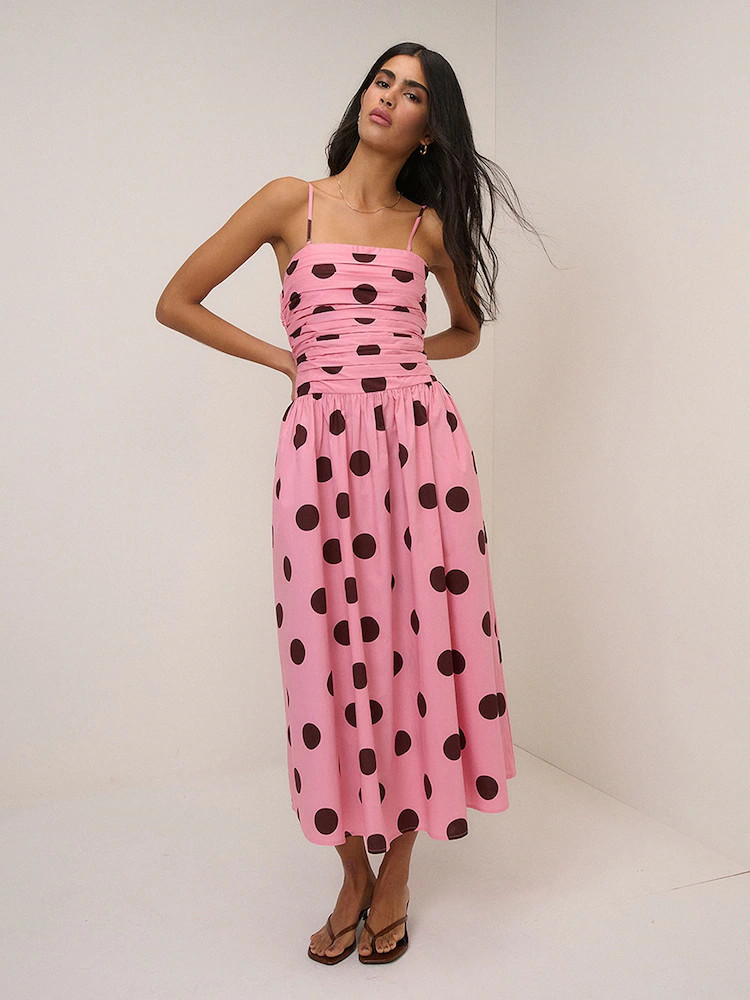 Nobodys Child Pink and Brown Polka Dot Alice Bandeau A-Line Midi Dress | Next EU
