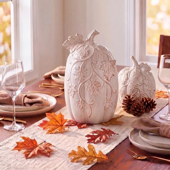My Texas House Tall Ceramic Pumpkin with Vine Accents Tabletop Decoration, White, 10" | Walmart (US)