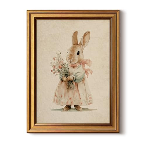 InSimSea Gold Framed Canvas Prints Wall Art, Vintage Nursery Decor, Pink Rabbit Bunny Easter Paintings Wall Decor Aesthetic, Neutral Pictures for Toddler Kids Playroom Bedroom Shelf, 12x16inch | Amazon (US)