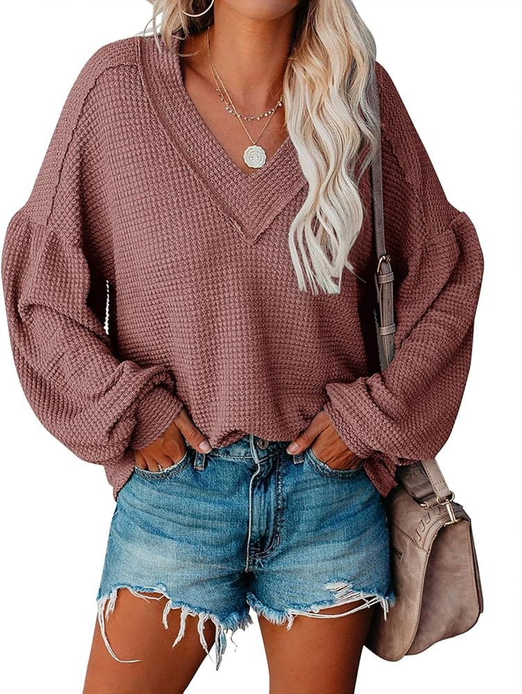 Womens Waffle Knit V Neck Shirts Sheer Oversized Casual Batwing Sweaters Balloon Sleeve Tunic Top... | Amazon (US)