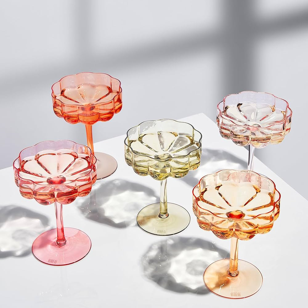 Khen Flower Vintage Wavy Glass Coupes Martini, Champagne & Cocktail Coupes - Set of 5 -  7oz Col... | Amazon (US)
