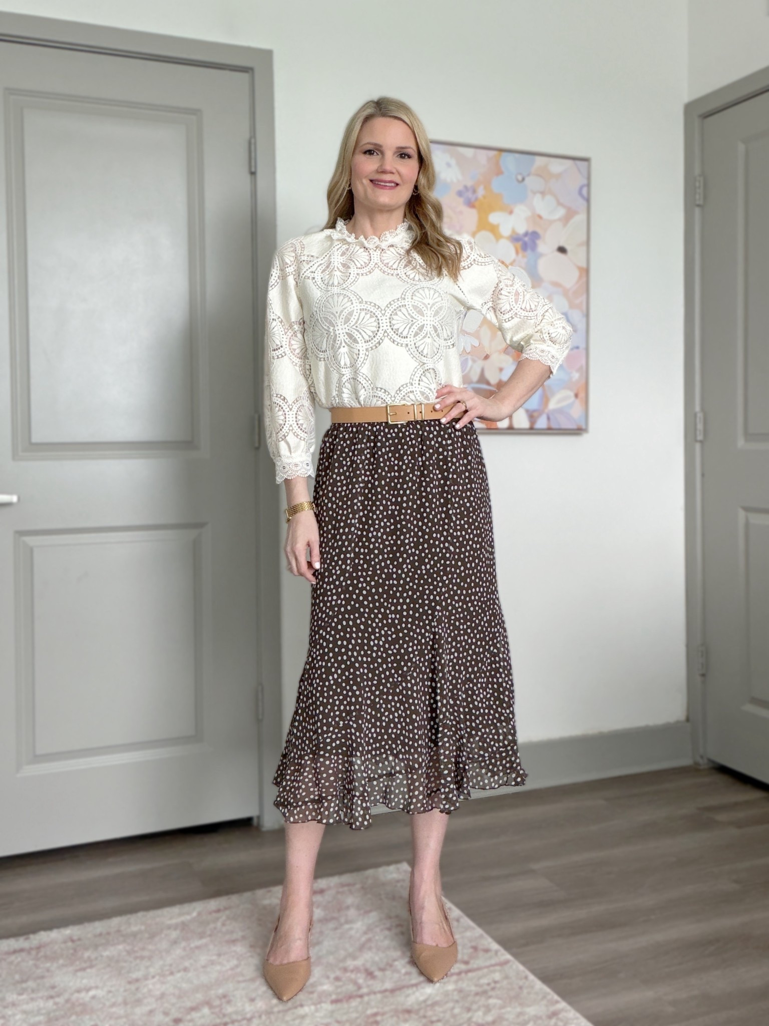 Sézane blouse and Universal Standard polka dot midi skirt outfit. Wearing size 6 in the blouse and size 2XS (6/8) in the skirt (could do a size down).

#LTKTall #LTKOver40 #LTKootd