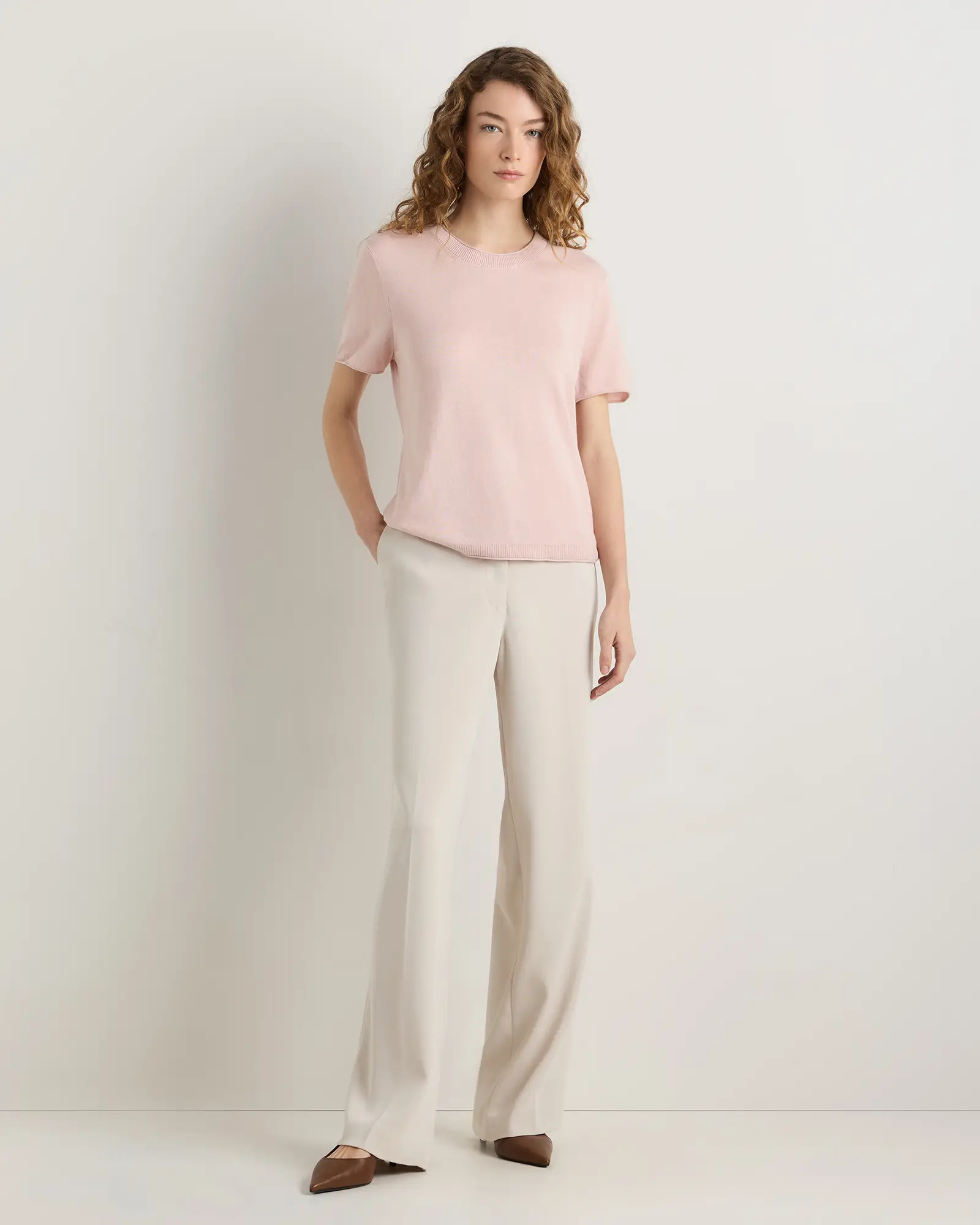 Lightweight Cotton Cashmere Relaxed Sweater Tee in Sugar Stone | Quince