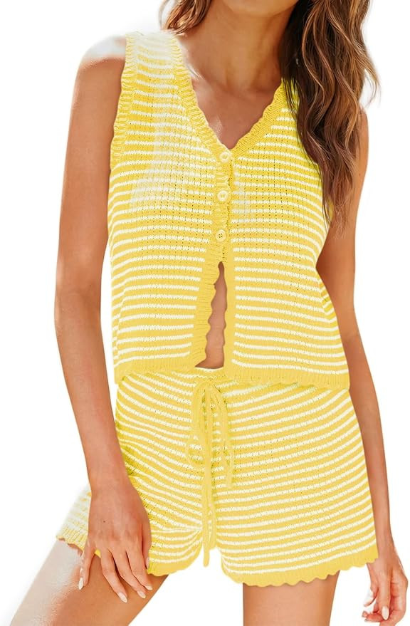 Tankaneo Womens 2 Piece Shorts Set Striped Summer Vacation Outfits Button Down Knit Vests Tops Ca... | Amazon (US)