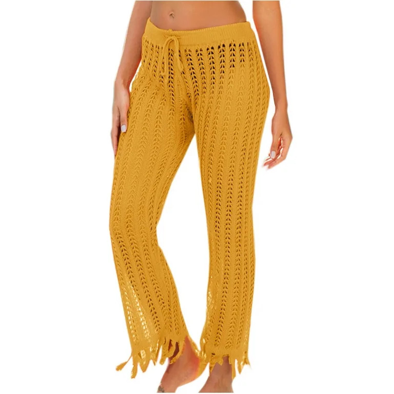 Fewfanhot Women's Crochet Cover Up Pants, High Waist Drawstring Fringe Hem Beach Pants, Sheer Kni... | Walmart (US)