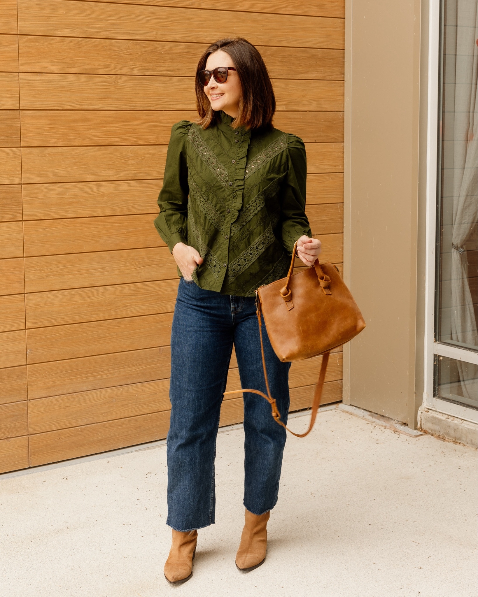 Olive green blouse + brown and dark denim. Perfect fall outfit. The blouse is tts. If you are between, size up. Jeans are tts  

#LTKSeasonal #LTKOver40