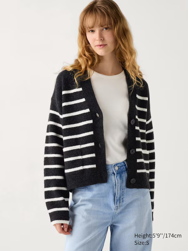 Soufflé Yarn V Neck Short Cardigan (Stripe) | Uniqlo BE