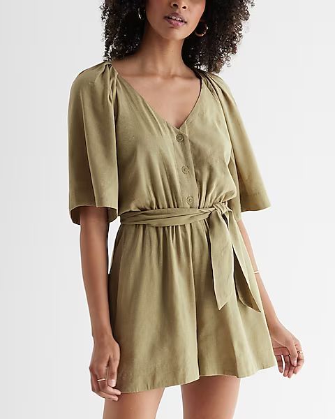 Linen-Blend Button Up Tie Waist Romper | Express