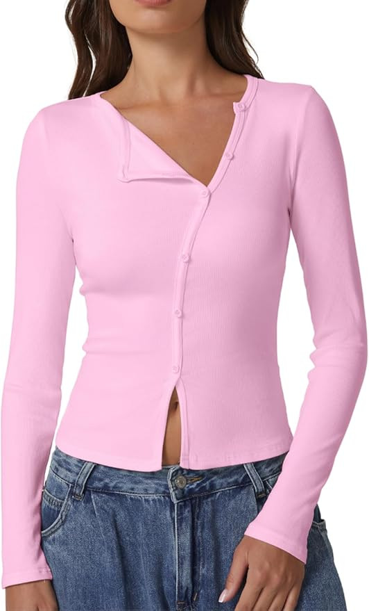 QINSEN Women's Long Sleeve Ribbed Crewneck Shirts Upper Button Fastening Going Out Tops | Amazon (US)