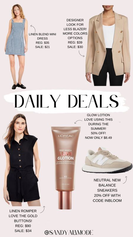 Daily deals // summer outfits // summer dress // spring outfit // designer look for less // blazer // gingham // Memorial Day // romper // Lumi glow lotion // new balance sneakers // neutral sneakers 

#LTKSeasonal #LTKsalealert