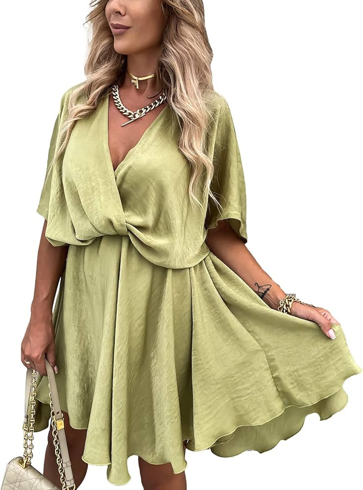 Yanfoam Women's Satin Sexy V Neck Short Dress Batwing Sleeve Boho Ruffle Dress Casual Loose Wrap ... | Amazon (US)