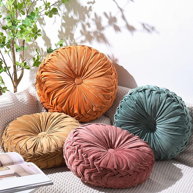 Kathfly 4 Count Round Throw Pillow Velvet Pleated 3D Pumpkin Round Pillow Boho Floor Cushion Couc... | Amazon (US)