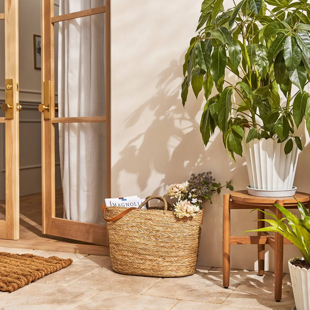 Scallop-Fluted Stoneware Indoor/Outdoor Planter Pot with Saucer Cream - Hearth & Hand™ with Mag... | Target