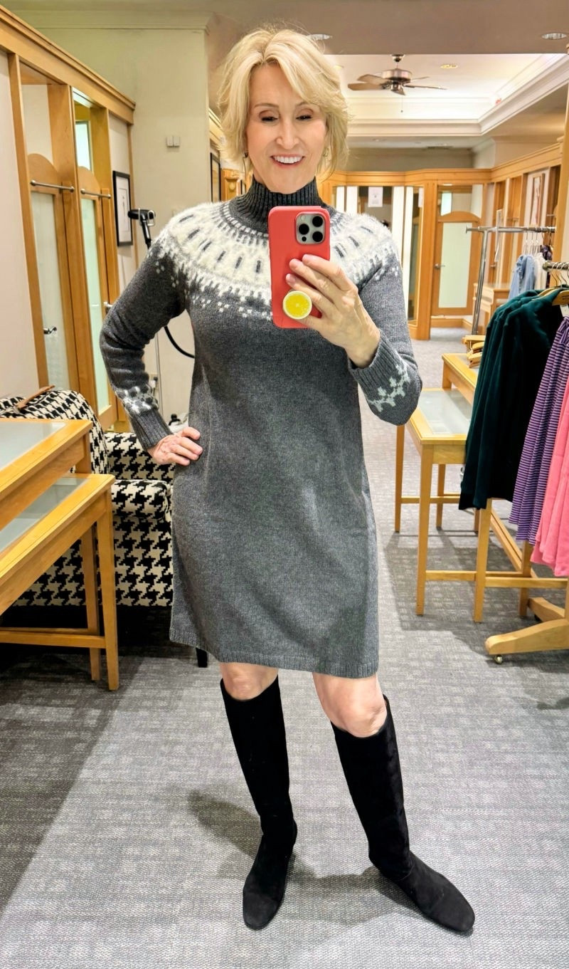 Loving  this@talbotsofficial Faire Isle Sweaterdress with its sleek but very comfy cut and flattering neckline!  On sale now!!

#LTKOver40 #LTKootd #LTKSaleAlert