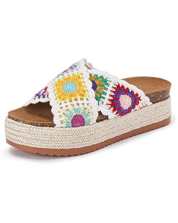 Coutgo Womens Platform Espadrille Sandals Flatform Floral Crochet Cork Open Toe Summer Beach Slid... | Amazon (US)