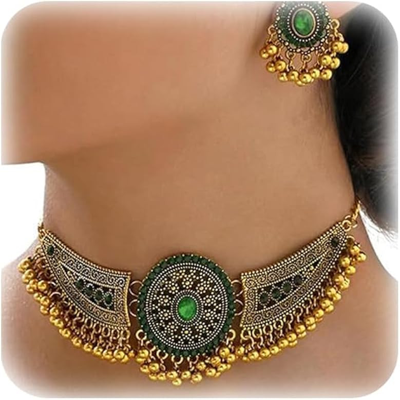 Indian Jewelry Set for Women Gold Ball Tassel Crystal Chunky Bib Necklace Earring Bohemian Gypsy ... | Amazon (US)
