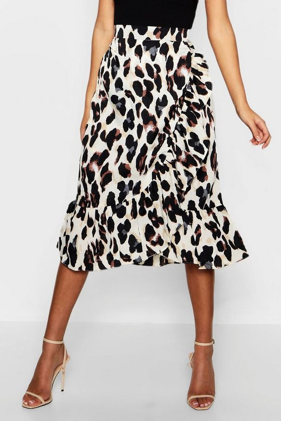 Satin Leopard Ruffle Wrap Midi Skirt | Boohoo.com (US & CA)