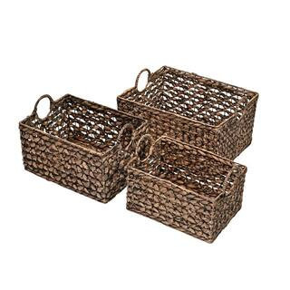 Quinn 17.72 in. x 11.42 in. Cottage Metal/Hyacinth Rectangular Storage Decorative Baskets with Handles, Brown (Set of 3) | The Home Depot