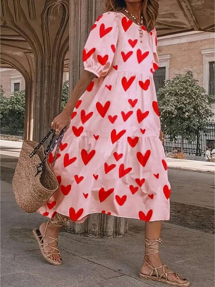 SHEIN Relaxiva Loose Heart Print Ruffle Hem Puff Sleeve Babydoll Dress For Summer Maxi Women Outf... | SHEIN