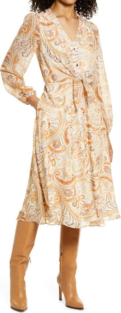 Paisley Tie Waist A-Line Long Sleeve Dress | Nordstrom | Nordstrom